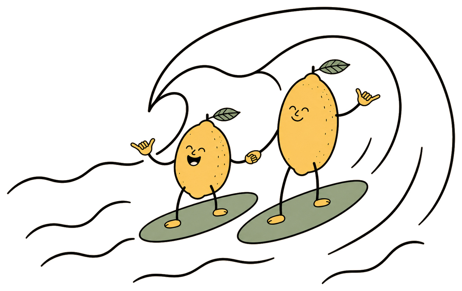 Two cheerful lemons holding hands while surfing together